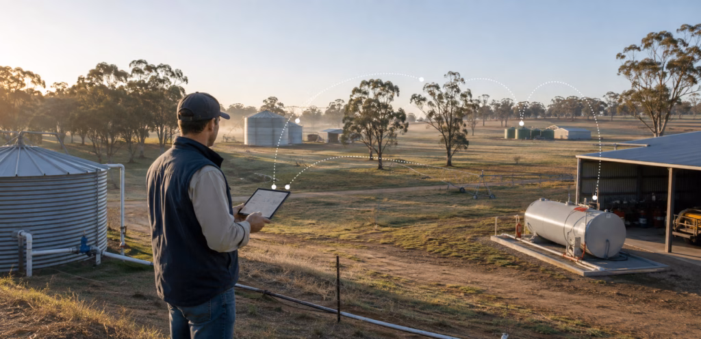 Agricultural operator using a tablet to remotely monitor water, fuel and liquid-storage tanks across a rural property
