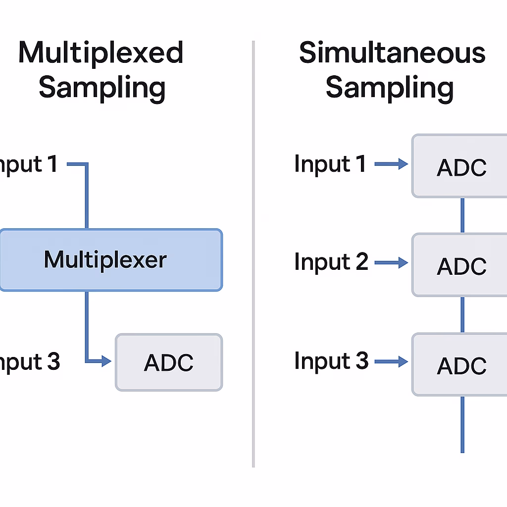 Diagram comparing multiplexed sampling and simultaneous sampling, showing one ADC with a multiplexer versus separate ADCs for each input channel.