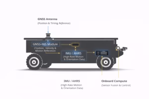 Autonomous mobile robot silhouette illustrating IMU, GNSS-INS and sensor fusion integration for robotics platforms
