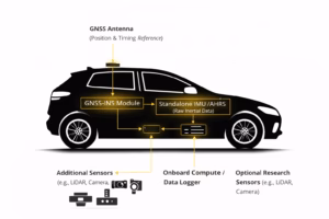 Research platform silhouette illustrating IMU, GNSS-INS and sensor integration for motion, position, and timing measurement