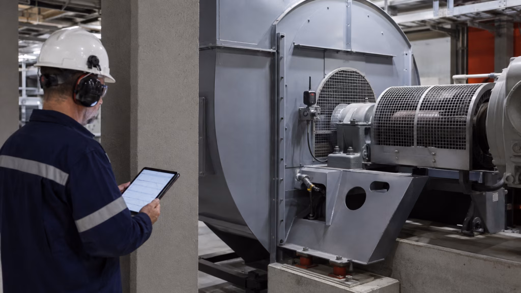 echnician reviewing wireless vibration measurements from a protected position near an industrial fan.