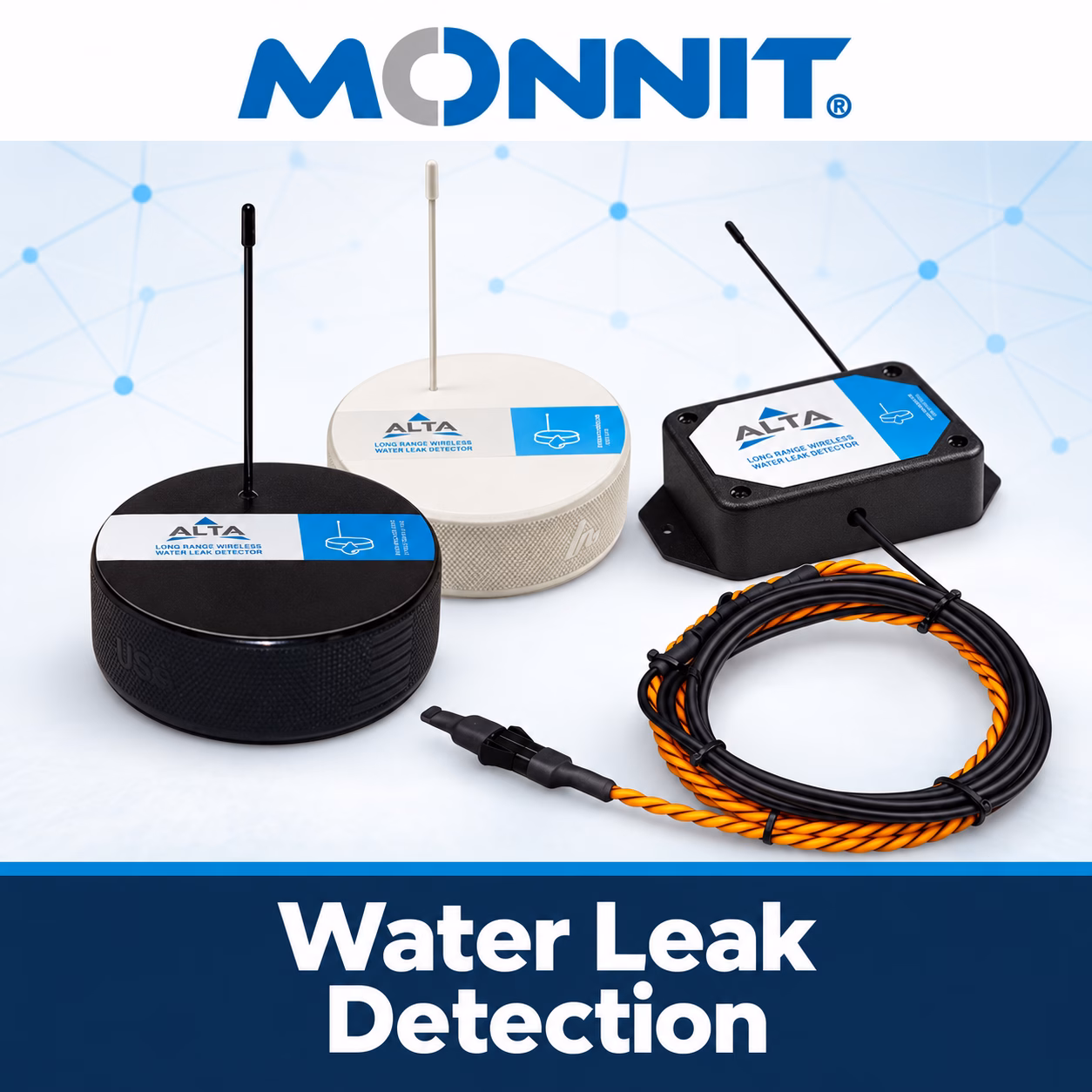 Monnit wireless water leak detection sensors, pucks and sensing rope